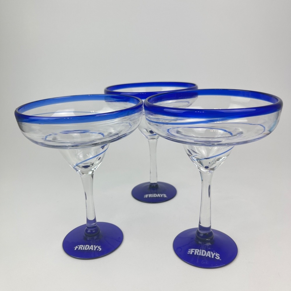 TGI Fridays Margarita Glass Blue Swirl Hand Blown Vintage Barware Set‎ Of 3